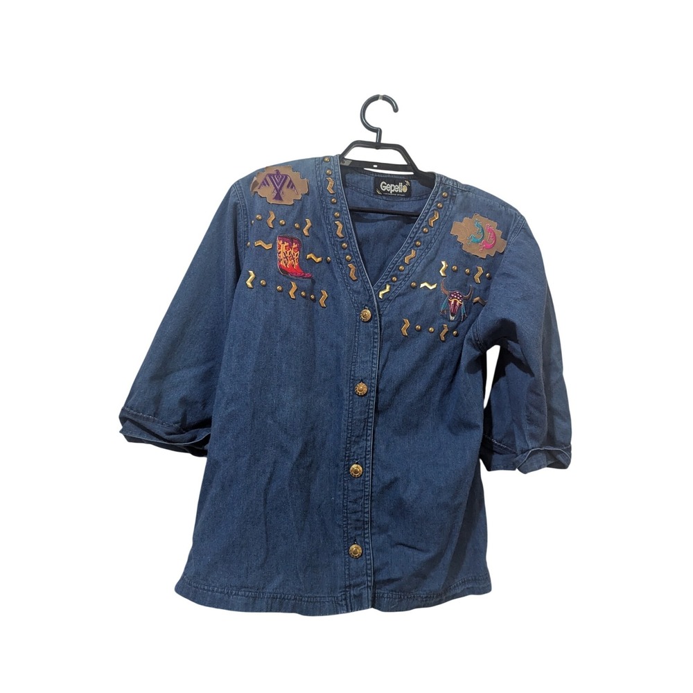 Gepetto Vintage Denim Western Shirt Medium Blue Studded Embroidered Cotton 90s